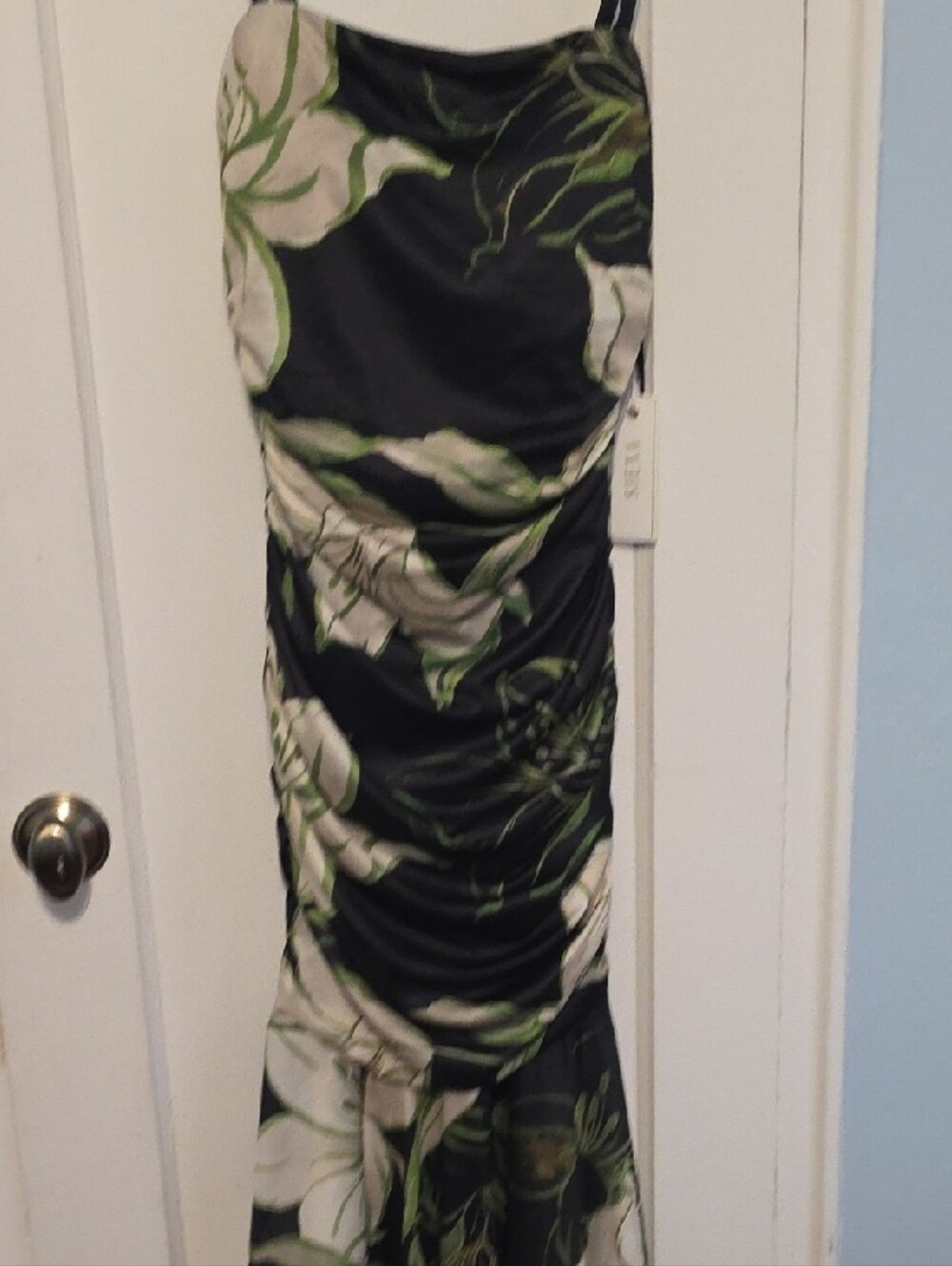 Black Floral Ruched Slip Dress with Green Leaf Print